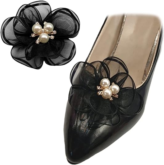 2pc Pearl Flowers Shoe Clips (Black)