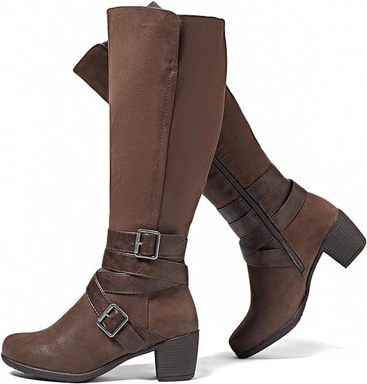 Chunky Heel Knee High Boots (Brown)