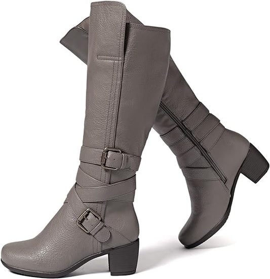 Chunky Heel Knee High Boots (Taupe)