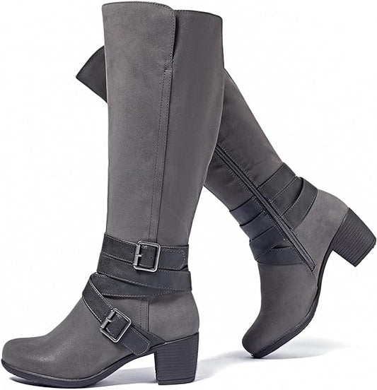 Chunky Heel Knee High Boots (Grey)