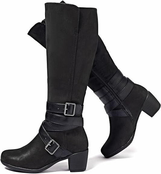 Chunky Heel Knee High Boots (Black)