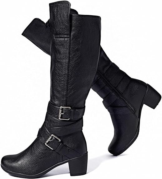 Chunky Heel Knee High Boots (Black Pleather)