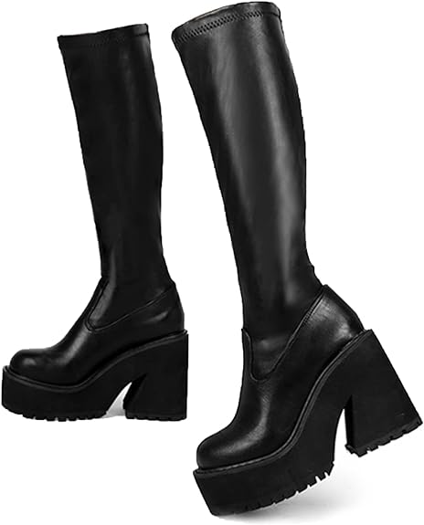 Chunky Block High Heel Boots (Black)