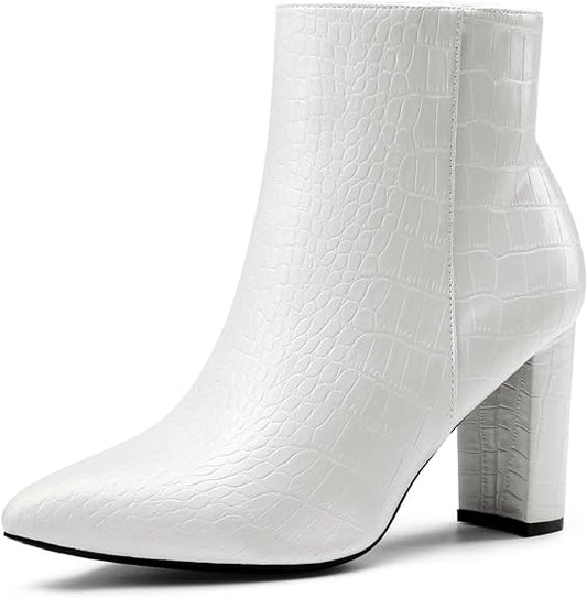 Womens Chunky Ankle Booties (White Leather)