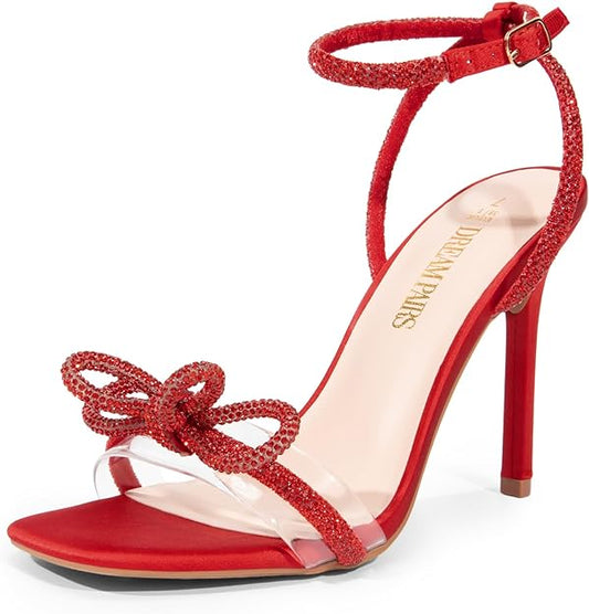 Womens Bowknots Crystal Heels (Red)