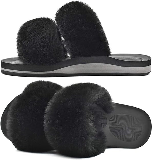 Womens Fuzzy Orthotic Slippers (Black)