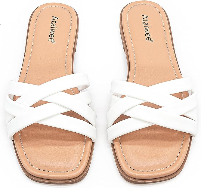 Womens Wide Width Flat Slides (White)