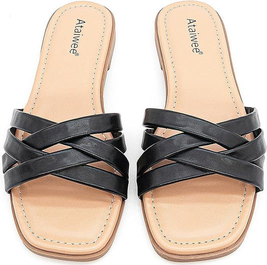 Womens Wide Width Flat Slides (Black)