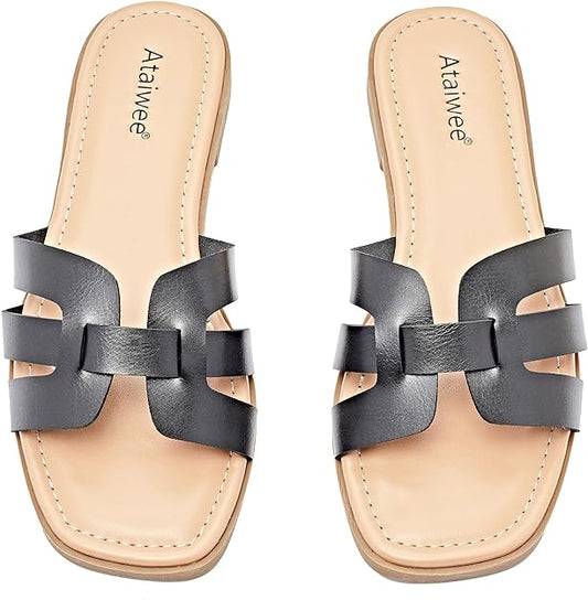 Womens Wide Flappy Flat Slides (Black)