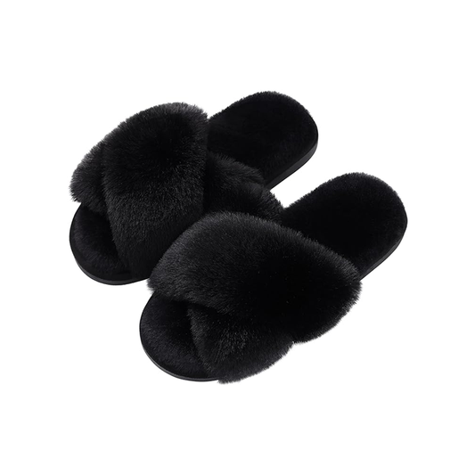 Fuzzy Cross Band Slippers - Black